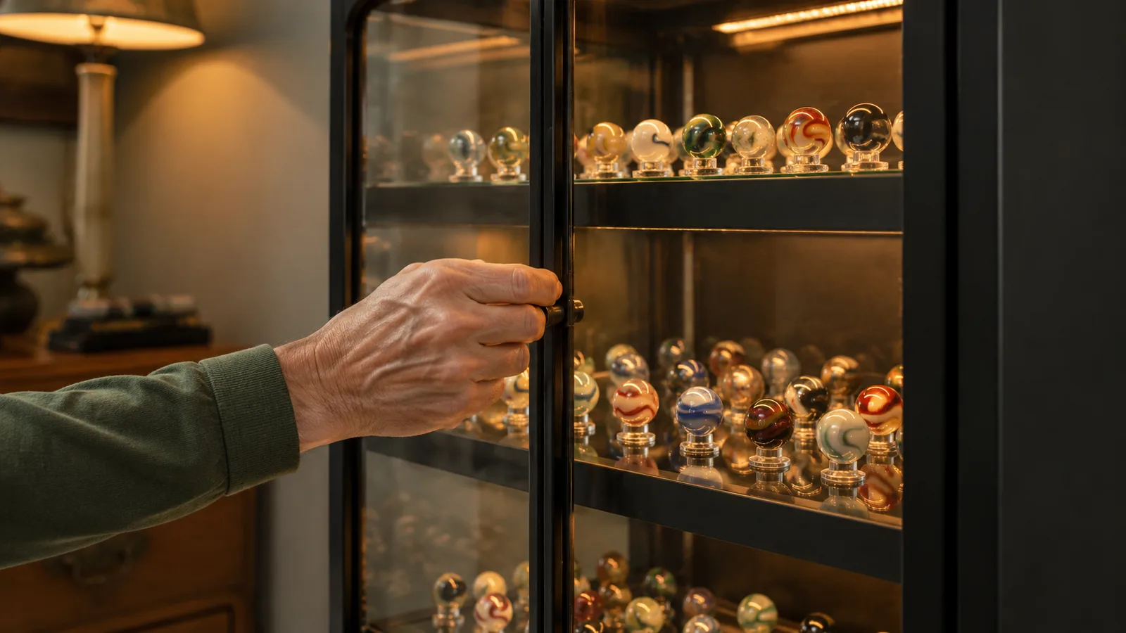 A hand closing the glass door of a display cabinet after arranging marbles on one of its shelves