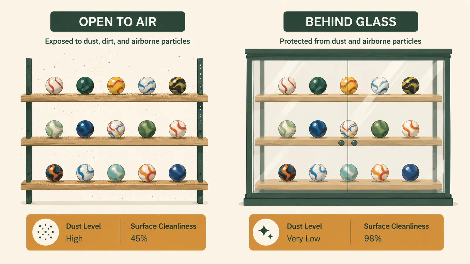 A comparison of a shelf open to the air collecting dust versus the same shelf sealed behind glass, both holding marbles