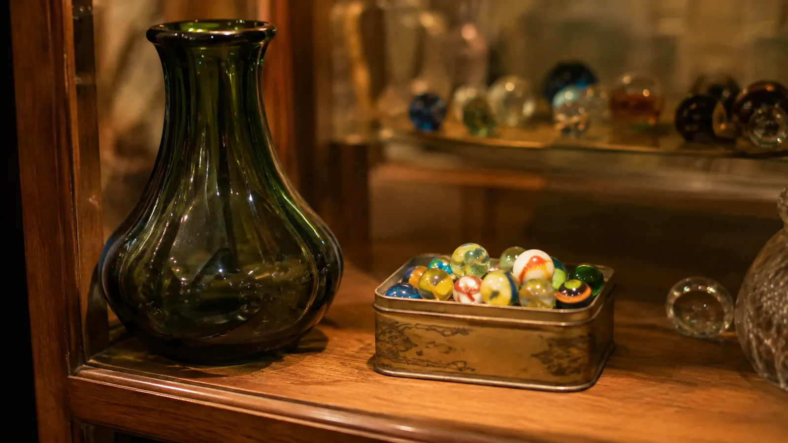 A polished green glass vase and a box of marbles sitting on a lit interior shelf of a display cabinet