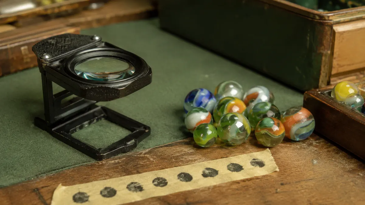 A loupe lying open on a shop bench next to a small stack of vintage marbles and a strip of masking tape marked with notes