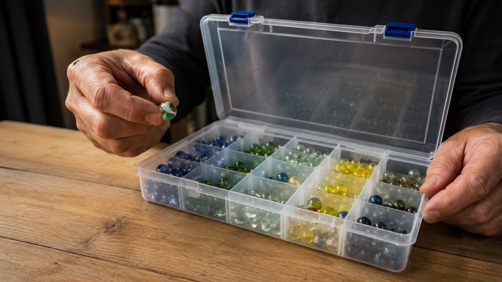 A collector's hand placing a green swirl marble into an open slot next to others of the same size