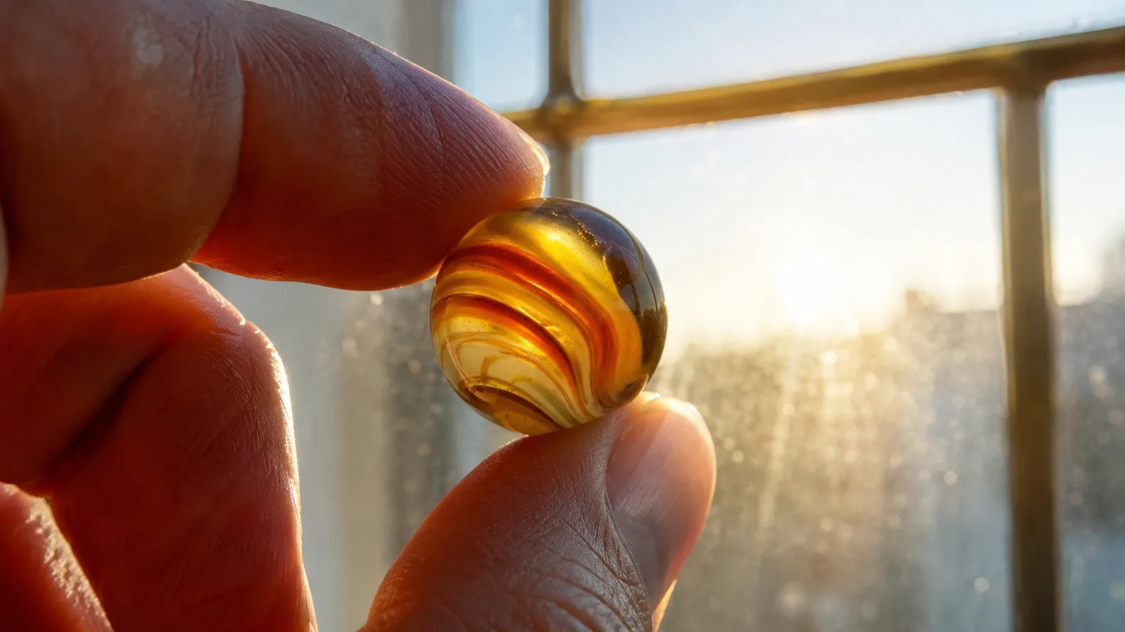 A single amber swirled glass marble held up to a window, backlit so the inner color glows