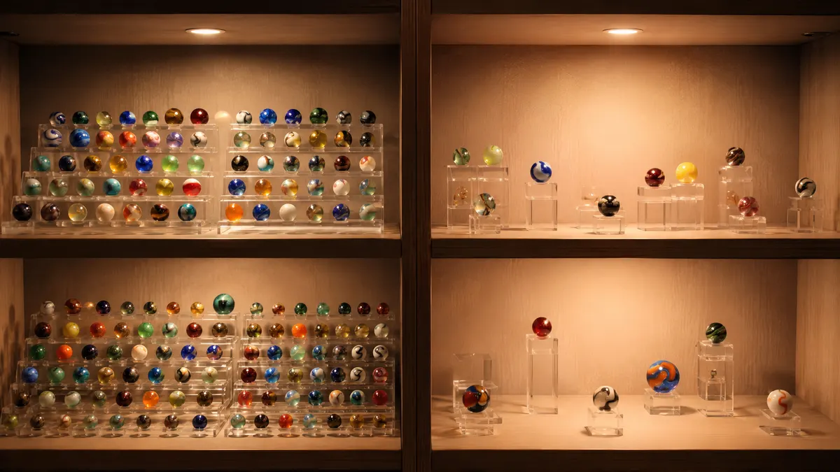 A crowded corner of a shelf where stands are packed too close together, compared with a sparser, better-spaced row