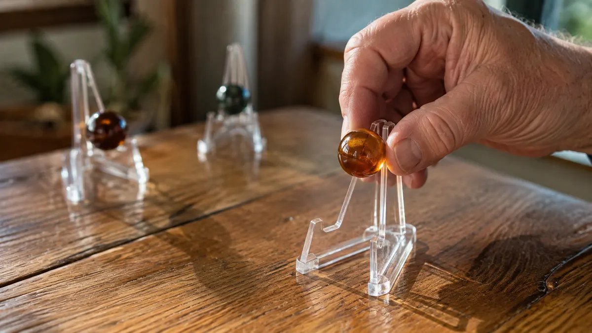A hand carefully setting a glass marble onto a clear acrylic easel stand on a wooden table