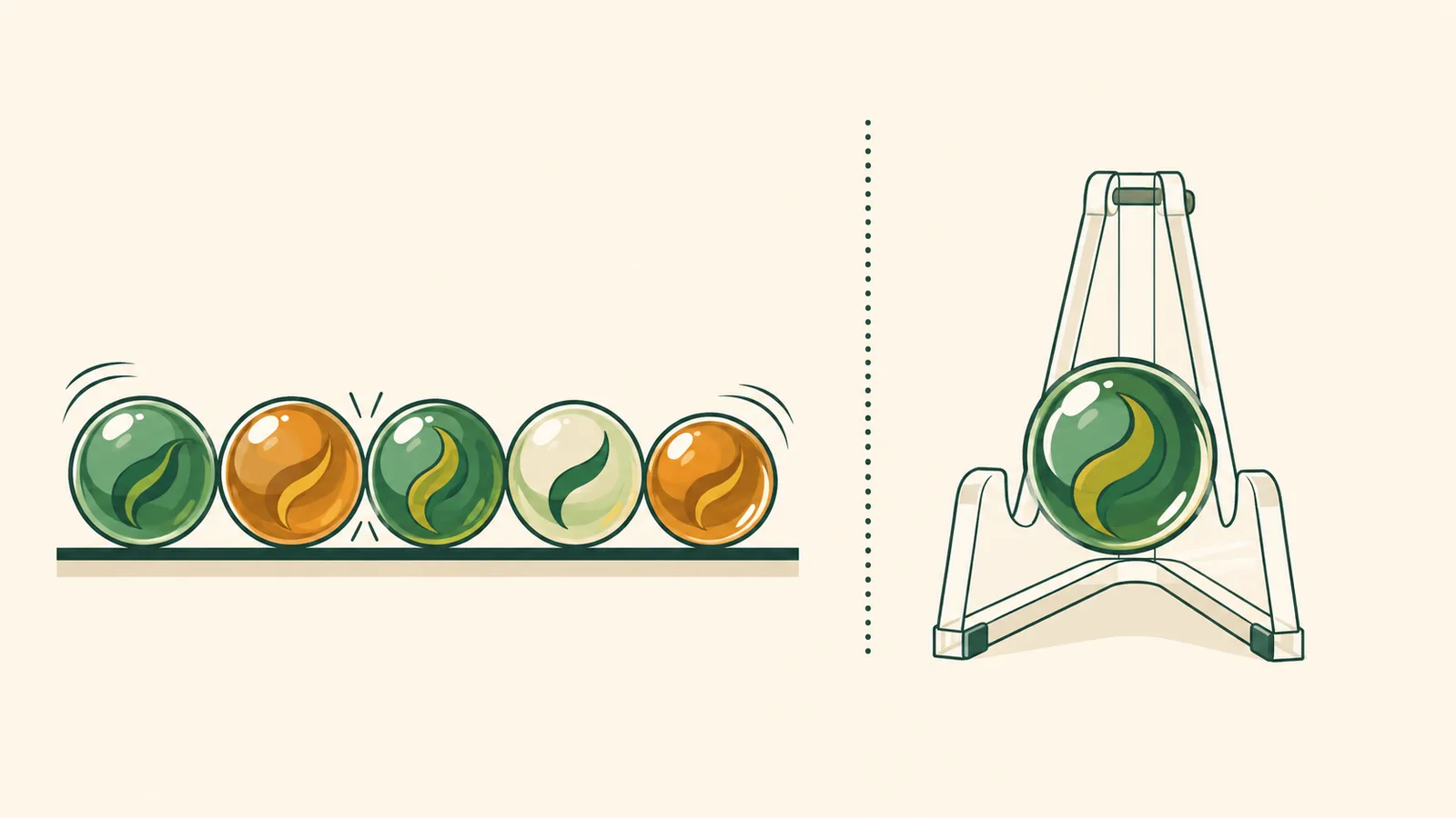 Illustration comparing a flat shelf where marbles roll together against an easel stand anchoring a single marble in place