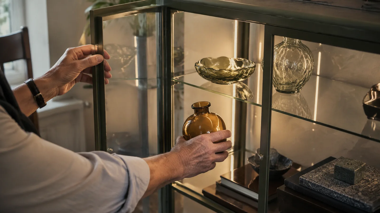 A weathered hand opening the cabinet door to place a vintage amber glass vase on the middle shelf