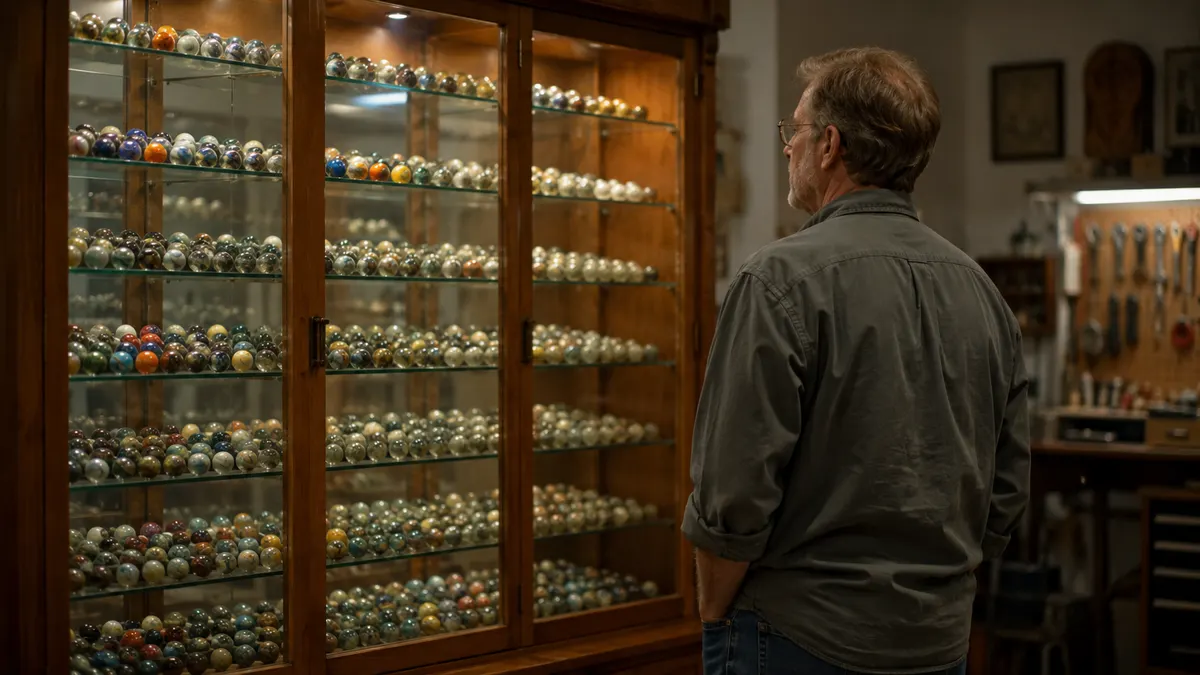 A man standing back and looking at a full glass display cabinet with his hands on his hips