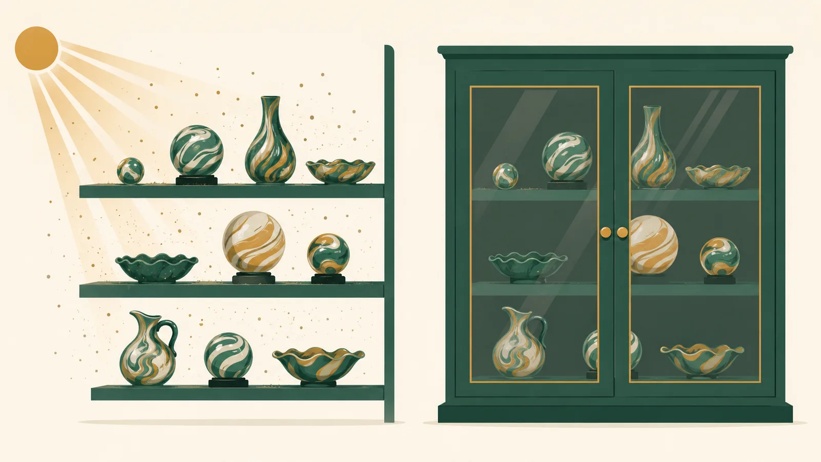 An editorial illustration comparing dust and sun reaching pieces on an open shelf against a sealed glass cabinet