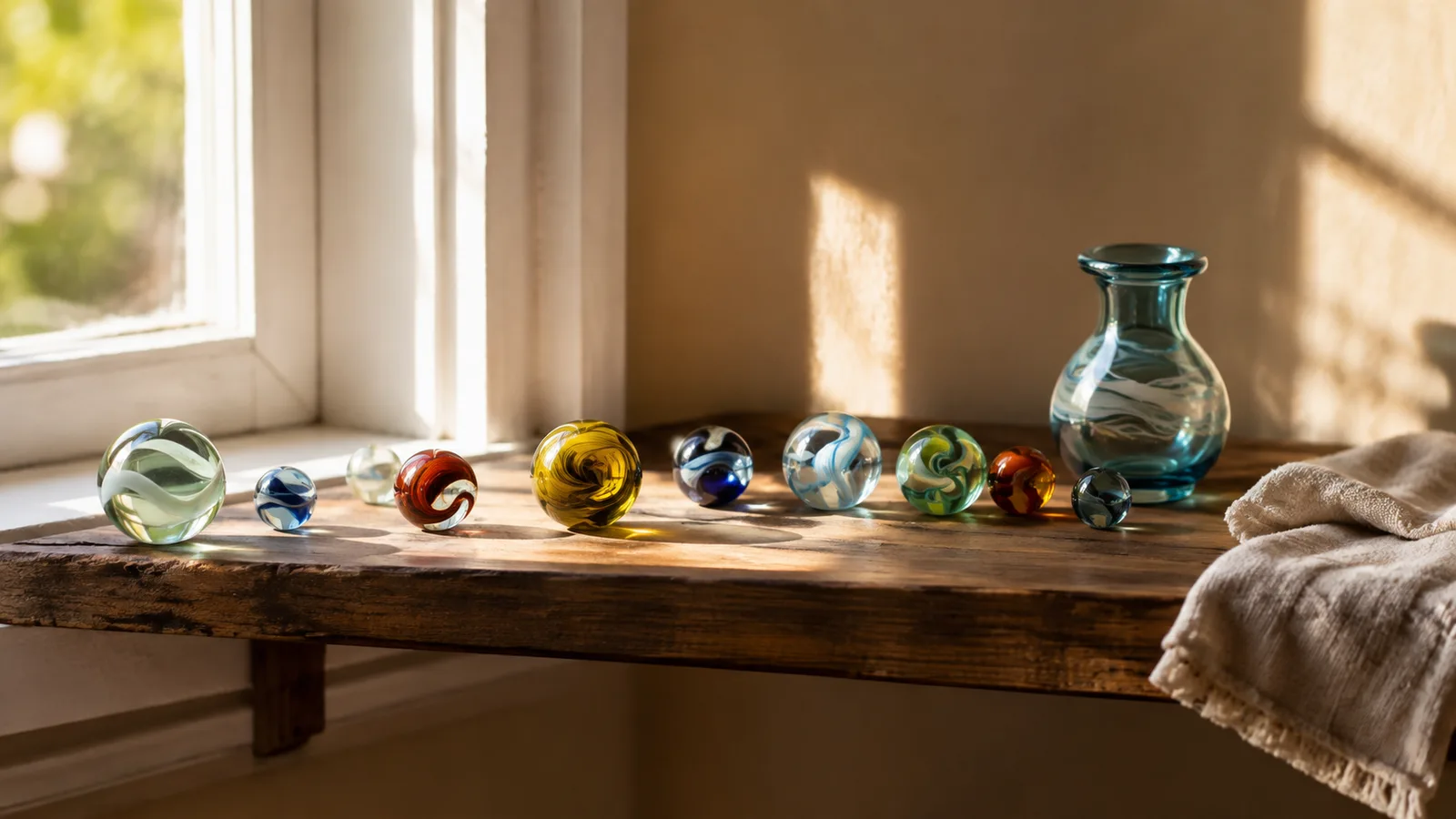 A rows of glass marbles and a small vase sitting out on an open wooden shelf in bright window light, a dusting cloth nearby