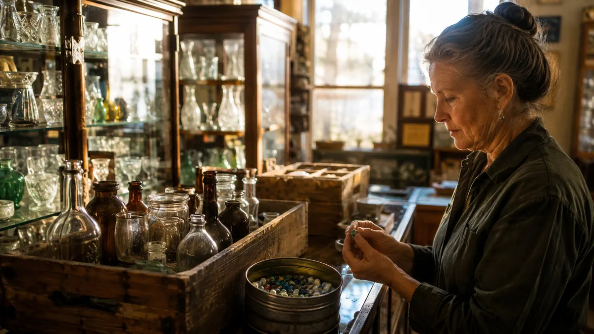 A small shop counter after hours with crated estate glassware and a tin of marbles, dust motes in the evening window light