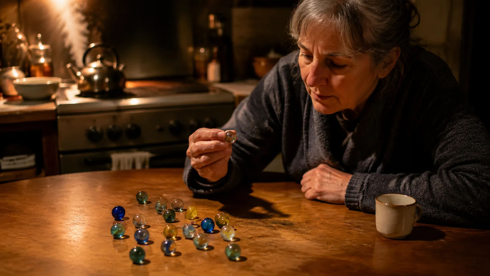 A kitchen table at night with marbles loosely gathered under a lamp, a steaming kettle nearby