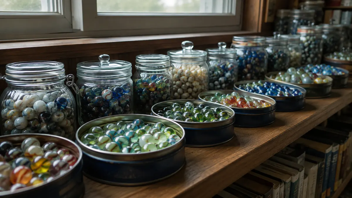 A wooden shelf lined with several full tins and jars of glass marbles beneath a shaded window