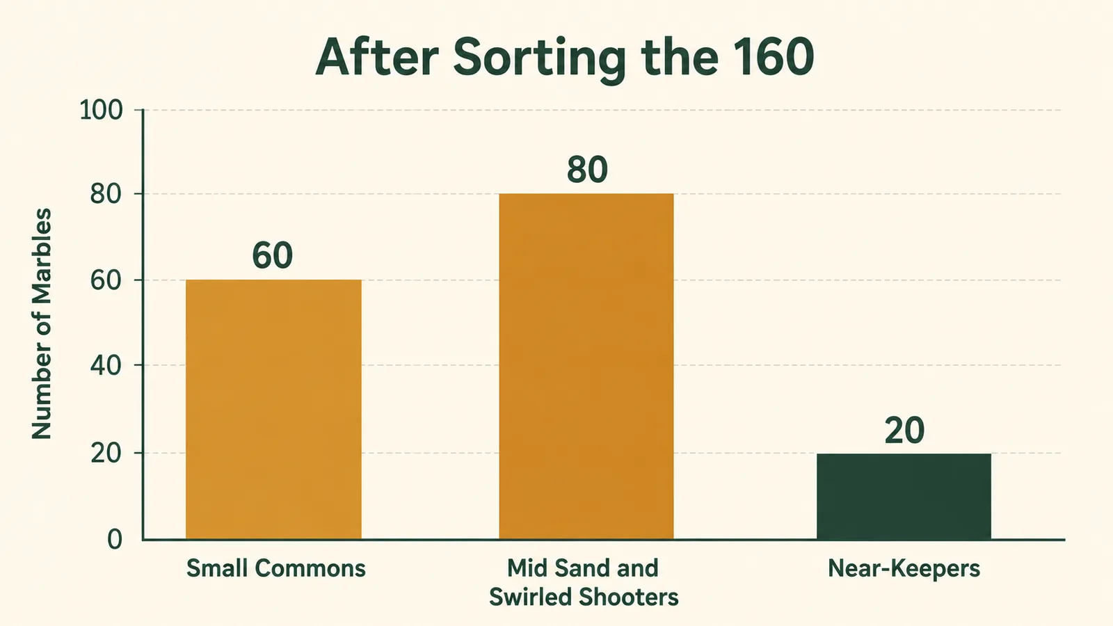 A simple chart comparing how the marbles in the tin sort by rough quality grade