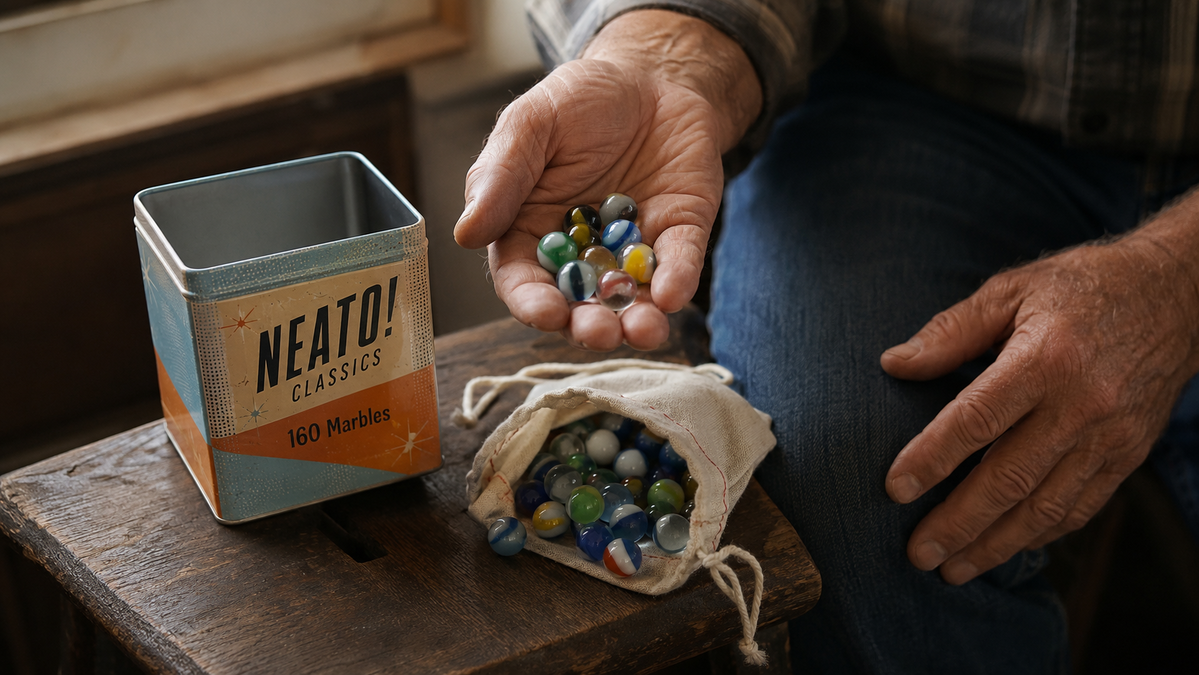 A hand lifting a handful of glass marbles out of the open classic tin