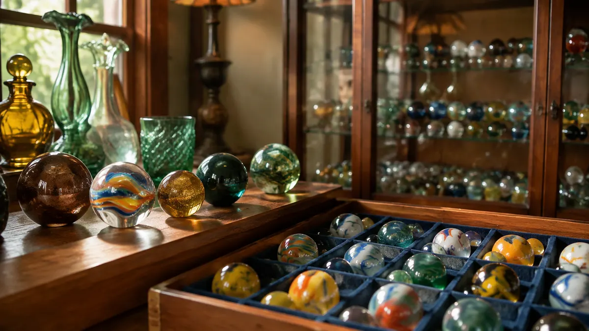 A curated shelf of amber and deep-green glass marbles catching warm afternoon light in a collector's room