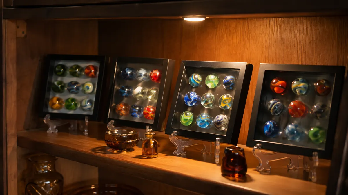 A finished display shelf of framed marbles and small glass pieces, lit from above, viewed slightly from the side