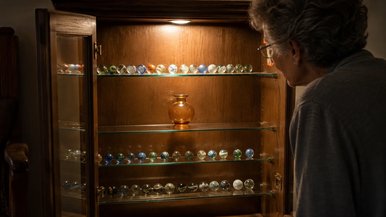 A finished display: glass marbles on the upper tiers and a small amber glass piece centered on a middle tier, softly lit, viewed at a three-quarter angle