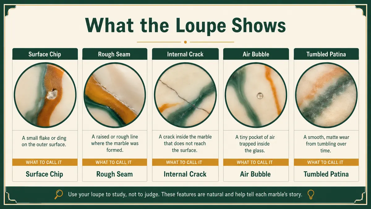 A simple grading chart showing what to look for: surface chip, rough seam, internal crack, air bubble, and tumbled patina