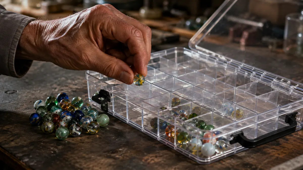 A hand dropping a single glass marble into its grid compartment in a clear divider box