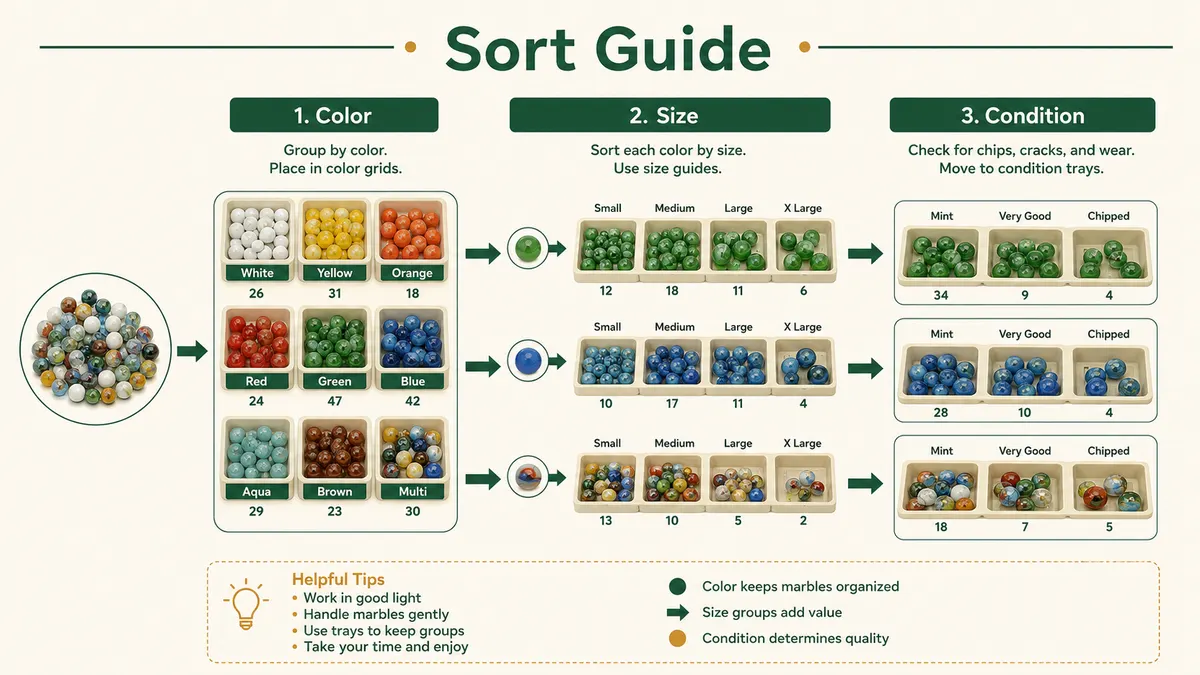 A simple diagram showing three sorting passes: color first, then size, then set aside any chipped or damaged marbles