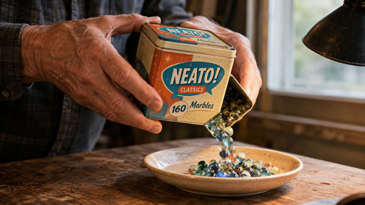 A collector's hand pouring glass marbles from the open tin into a shallow white sorting tray on the bench