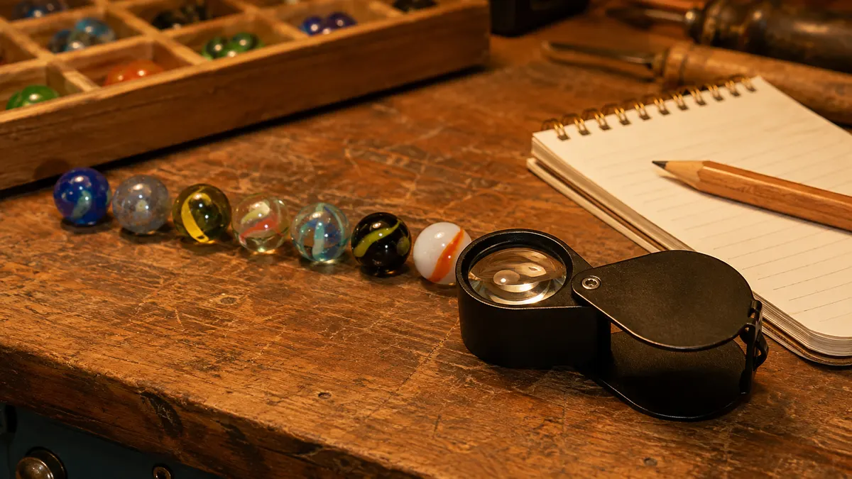 A jeweler's loupe lying on a wooden shop bench beside a spread of graded glass marbles and a small notepad
