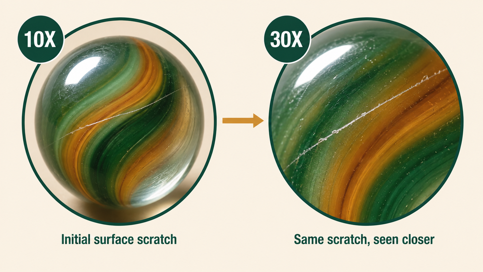 Chart comparing a hairline chip under 10x versus the same surface detail under 30x magnification