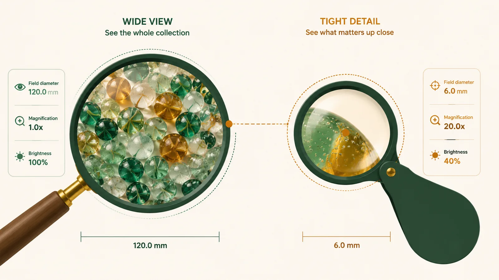 Illustration comparing a broad hand magnifier's wide view against a jeweler's loupe's tight 30x view into a marble