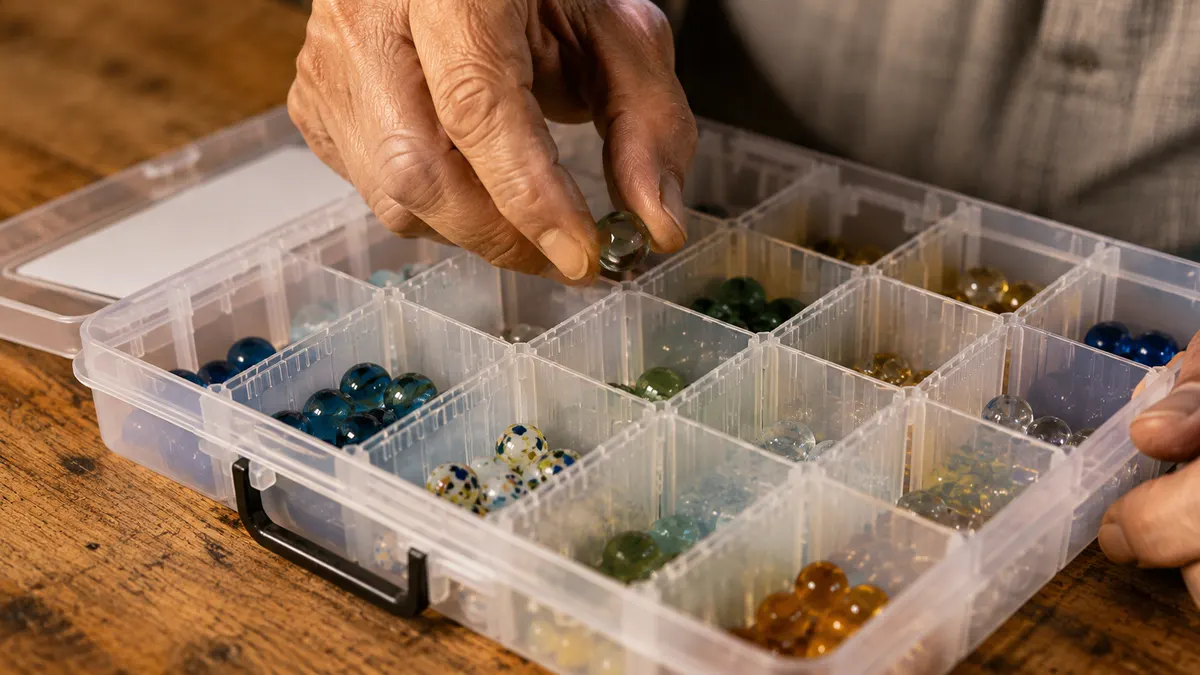 Hands placing a single glass marble into a clear divider compartment beside other sorted marbles