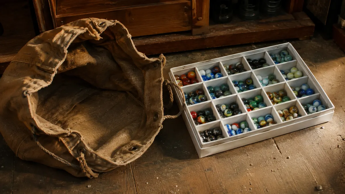 A nearly empty cloth tote bag lying on a shop floor beside a tidy divided organizer box