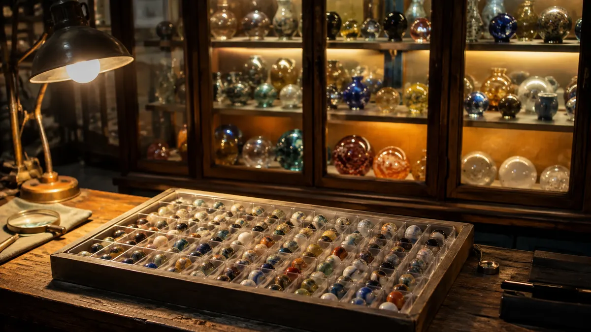A shop bench with a filled clear divider tray beside a wood and glass display cabinet in the background