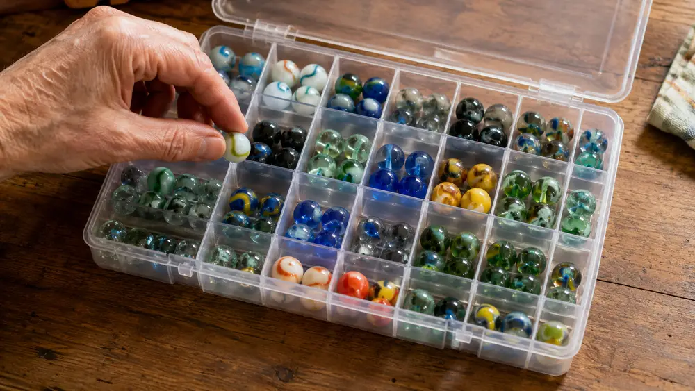 A collector's hand carefully drops a single blue cat's-eye marble into one of the narrow open cells of a clear divider box while other cells hold rows of sorted marbles